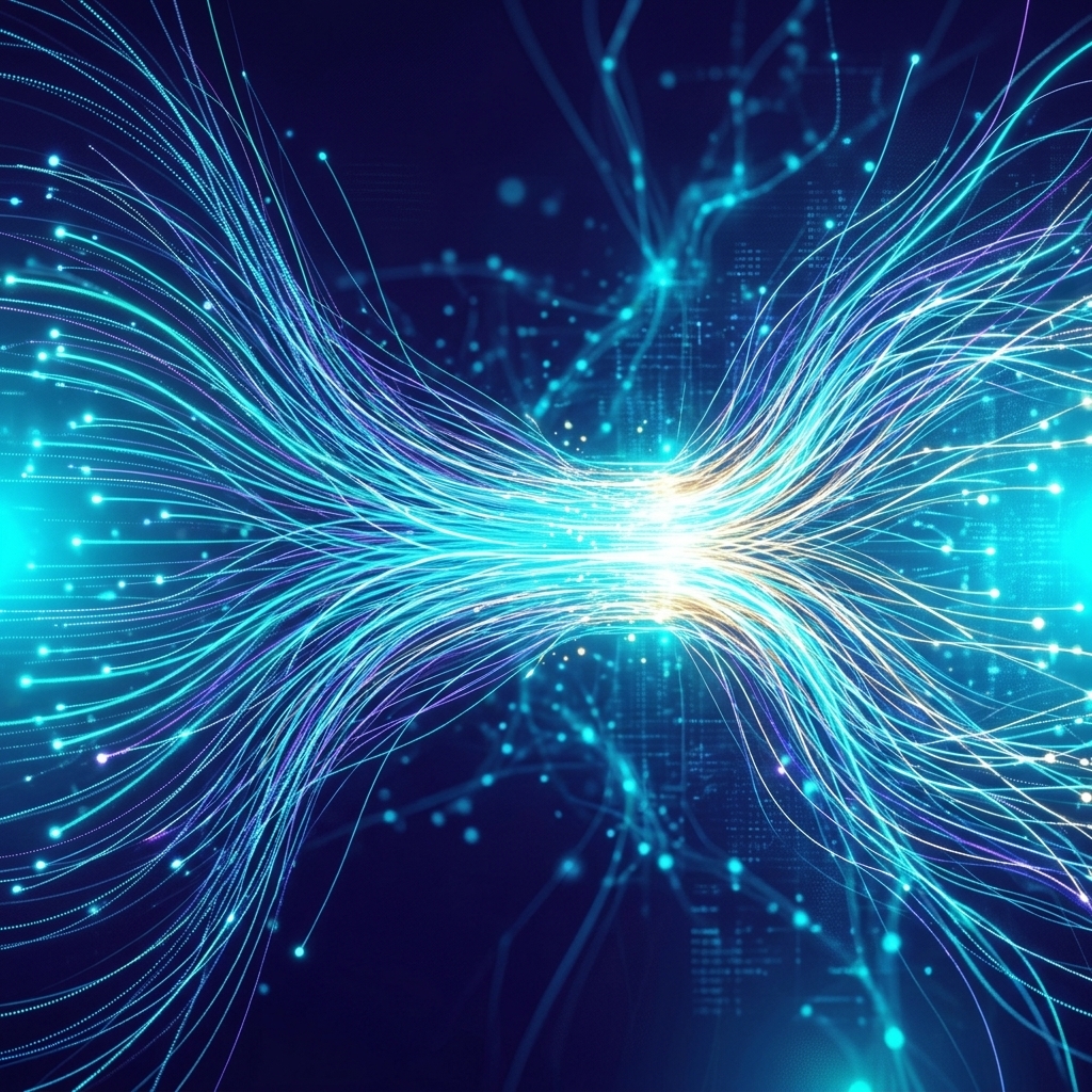 Many light strands converging and compacting into a single luminous form